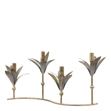 Candlestick 4 armed w. leaf decor H27/L50/W20 cm antique brass