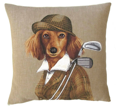 Beige jacquard-kudottu tyynynpäällinen | 45 x 45 cm | Golfing Cocker Spaniel-yapatkwa - art of the loom-Sasu’s sisustus- ja huonekaluliike