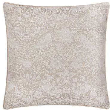 Beige lintu- ja kasviaiheinen jacquard-kudottu sisustustyyny | 55 x 55 cm | William Morris Strawberry Thief-Riva Home-Sasu’s sisustus- ja huonekaluliike