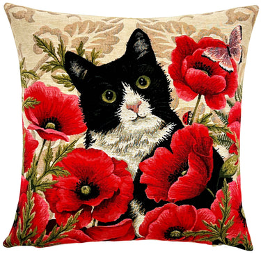 Beige-punasävyinen jacquard-kudottu tyynynpäällinen | 45 x 45 cm | Cat and Poppies-yapatkwa - art of the loom-Sasu’s sisustus- ja huonekaluliike