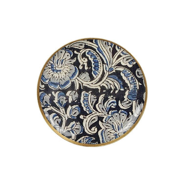 Emaloitu sini-mustasävyinen pyöreä tarjotin/kynttiläalunen metallia | ⌀10 cm | Kalamkari-Maison Lilo-Sasu’s sisustus- ja huonekaluliike