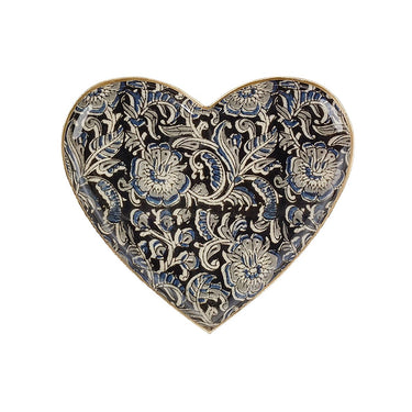 Emaloitu sini-mustasävyinen sydän-tarjotin metallia | 15 x 15 cm | Kalamkari-Maison Lilo-Sasu’s sisustus- ja huonekaluliike