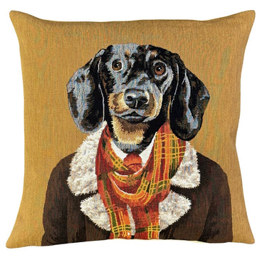 Kellanruskea jacquard-kudottu tyynynpäällinen | 45 x 45 cm | Dachshund-yapatkwa - art of the loom-Sasu’s sisustus- ja huonekaluliike