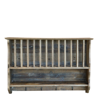 Kierrätyspuinen lautashylly neljällä koukulla | 80 x 20 x 55 cm-Chic Antique-Sasu’s sisustus- ja huonekaluliike