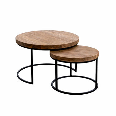 Kierrätystiikkinen puunvärinen sohvapöytäsetti mustilla metallijoilla | ⌀70 x 50cm | Balard-Design by Sasu's-Sasu’s sisustus- ja huonekaluliike