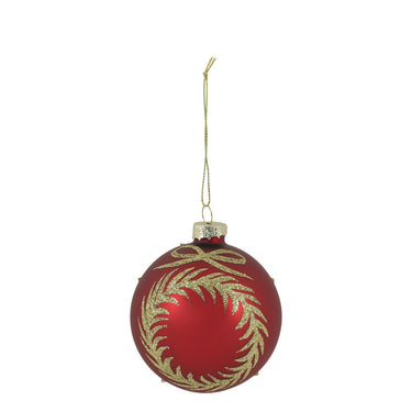 Kirsikanpunainen lehtiköynnöskuvioitu lasinen joulupallo | ⌀8 cm-Chic Antique-Sasu’s sisustus- ja huonekaluliike