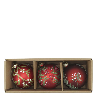 Kirsikanpunaiset kuviolliset lasiset joulupallot 3 kpl | ⌀8 cm-Chic Antique-Sasu’s sisustus- ja huonekaluliike
