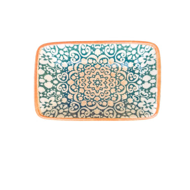 Marokkolaiskuvioinen vihreäsävyinen suorakulmainen kulho | 15 x 9,5cm | Alhambra-Bonna-Sasu’s sisustus- ja huonekaluliike