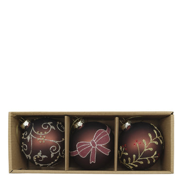 Mokanruskeat kuviolliset lasiset joulupallot 3 kpl | ⌀8 cm-Chic Antique-Sasu’s sisustus- ja huonekaluliike