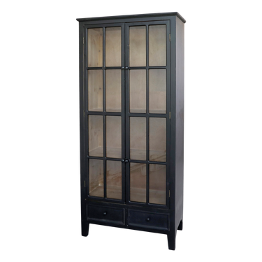 Antiikkimusta lasivitriini kahdella laatikolla | 80 x 40 x 182 cm | Shabby Chic-Chic Antique-Sasu’s sisustus- ja huonekaluliike