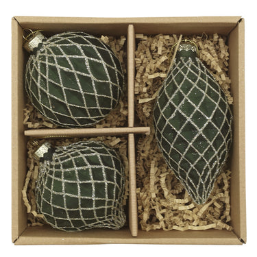 Oliivinvihreät kuviolliset lasiset kuusenkoristeet 3 kpl | ⌀6 x 13 cm-Chic Antique-Sasu’s sisustus- ja huonekaluliike