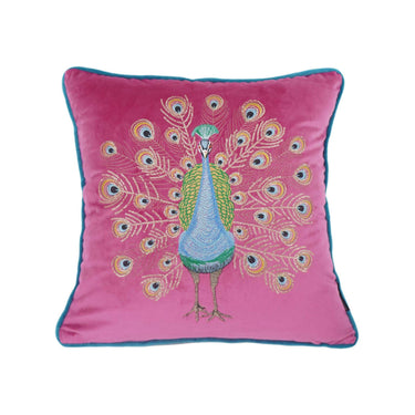 Pinkki riikinkukkokirjailtu samettinen sisustustyynyliina | 45 x 45 cm-Home and haven-Sasu’s sisustus- ja huonekaluliike