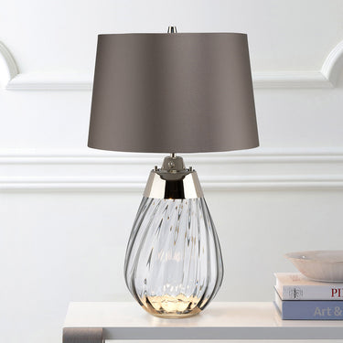 Pöytävalaisin harmaan sävyinen lasijalka harmaalla varjostimella | ⌀35 cm | Lena Smoke-Elstead Lighting-Sasu’s sisustus- ja huonekaluliike