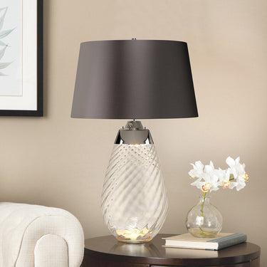 Pöytävalaisin harmaan sävyinen lasijalka harmaalla varjostimella | ⌀46 cm | Lena Smoke-Elstead Lighting-Sasu’s sisustus- ja huonekaluliike