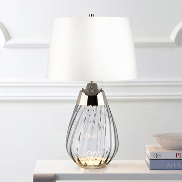 Pöytävalaisin harmaan sävyinen lasijalka luonnonvalkoisella varjostimella | ⌀35 cm | Lena Smoke-Elstead Lighting-Sasu’s sisustus- ja huonekaluliike