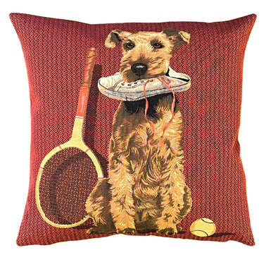 Punasävyinen gobeliinikankainen tyynynpäällinen | 45 x 45 cm | Fox Terrier-yapatkwa - art of the loom-Sasu’s sisustus- ja huonekaluliike