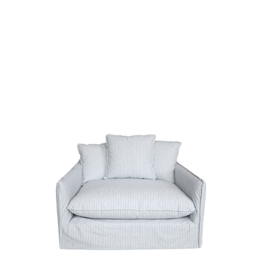 Sini-valkoraidallinen pellavakankainen nojatuoli | 110 x 95 x 75 cm | Malo-Chic Antique-Sasu’s sisustus- ja huonekaluliike