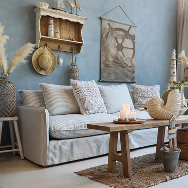 Sini-valkoraidallinen pellavasohva irroitettavilla päällisillä | 220 x 95 x 75 cm | Malo-Chic Antique-Sasu’s sisustus- ja huonekaluliike