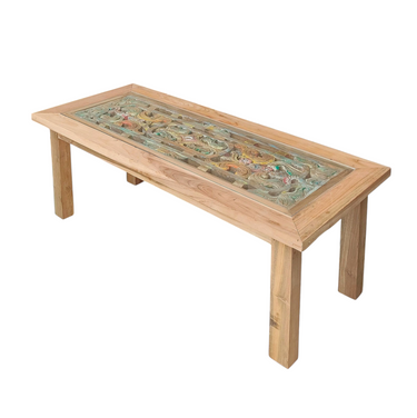 Tiikkipuinen sohvapöytä lasikannella | 126 x 53 x 45 cm | Vintage-Vintage by Sasu's-Sasu’s sisustus- ja huonekaluliike