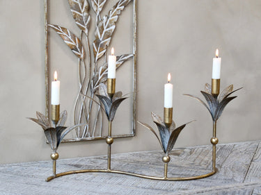 Candlestick 4 armed w. leaf decor H27/L50/W20 cm antique brass