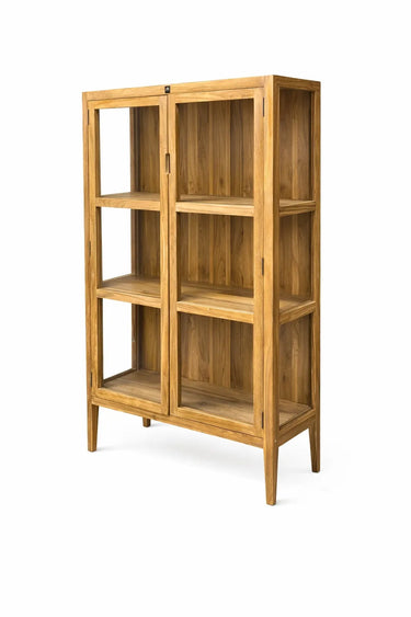 Recycled Teak Wood-Colored Glass Display Cabinet | 100 x 40 x 160 cm | Pulsano