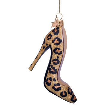 Kultainen korkokenkä joulukoriste leopardiglitterillä | 4 x 9 x 10 cm