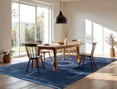 Dark blue 1 cm thick rug made of recycled polyester | Fading World Medaillon Blue Night