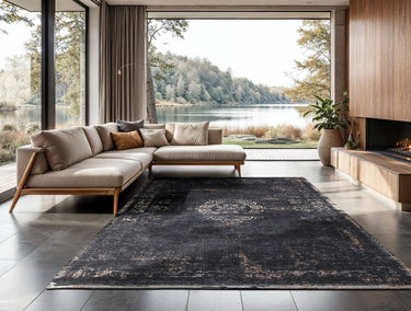 Black 1 cm thick rug made of recycled polyester | Fading World Medaillon Mineral Black