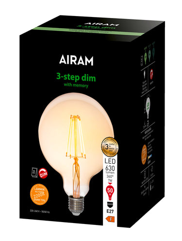 Amber-colored spherical E27 filament bulb | ⌀12.5cm, 2200K, 630lm | 3-STEP DIM