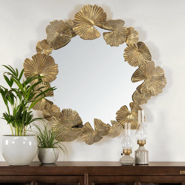 Round mirror with antique brass-finish leaf frame | Ø90 x 9cm