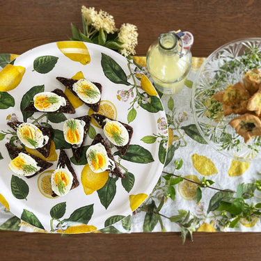 Pyöreä sitruunakuviollinen kelta-valkoinen tarjotin | ⌀38 cm