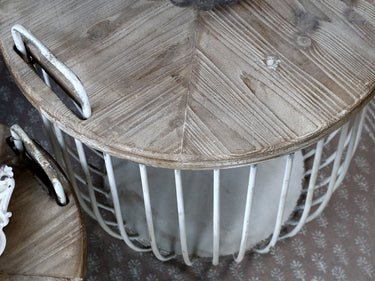 Round coffee table set in antique white metal and wood | Ø57 x 48 cm | Shabby Chic