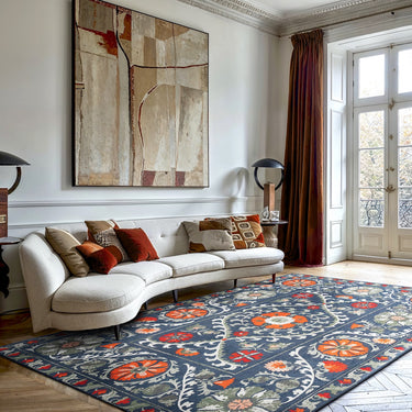 Blue and red 1 cm thick rug made from recycled polyester | Antiquarian Suzani Nordic