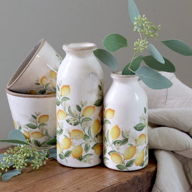 Limone Blossom Bottle w. lemons and flowers H20/D8 cm cream