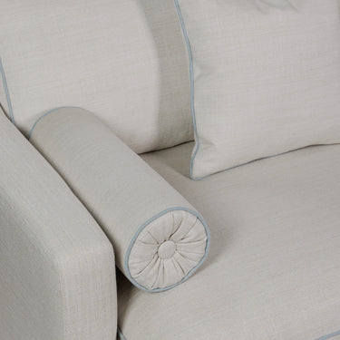 Orlando sohva 230 cm, Almond-verhoilu, Aqua Linen -tere ja tummat tammijalat