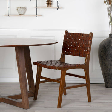 Teak dining chair with brown leather braid | 50 x 53 x 87 cm | Perugia