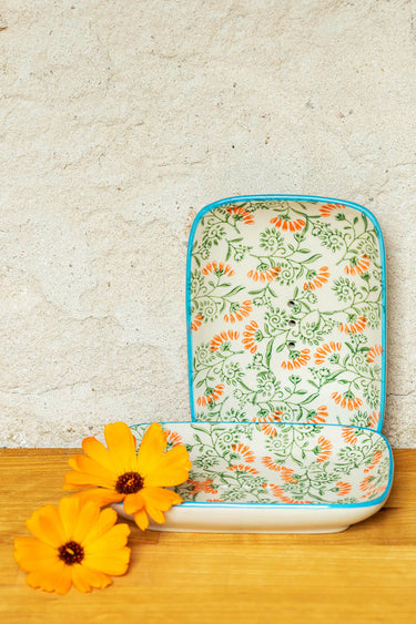Green-toned porcelain soap dish | 13.5 x 9.5 x 2 cm | FLORAL